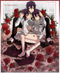 3boys bed black_butler bottomless brothers cantebury incest kuroshitsuji male multiple_boys purple_hair red_eyes rose thompson_(kuroshitsuji) timber triplets yaoi