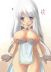 blue_eyes blush breasts breasts_out cape exposed_breasts exposed_pussy gloves high_wizard high_wizard_(ragnarok_online) kourourin large_breasts nipples no_bra no_panties pussy ragnarok_online small_clothes small_nipples too_small_clothes uncensored undersized_clothes white_hair