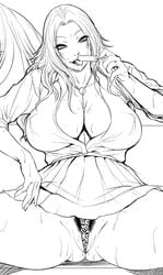 bleach breasts chinbotsu large_breasts long_hair matsumoto_rangiku monochrome pubic_hair school_uniform skirt spread_legs