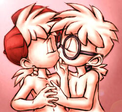 2boys alvin_and_the_chipmunks alvin_seville baseball_cap brothers closed_eyes gay glasses incest kissing nude out_of_frame_censoring pink_background simon_seville tagme