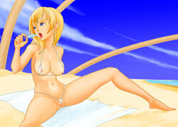 beach bikini blonde_hair blue_eyes disney eating ice_cream kingdom_hearts kingdom_hearts_ii micro_bikini namine navel nipples nobody_(kingdom_hearts) open_mouth partially_visible_vulva square_enix suggestive swimsuit towel white_bikini