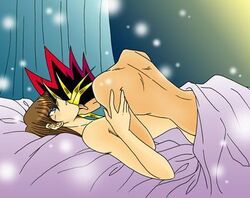 2boys bed blue_eyes brown_hair glow male male_only multicolored_hair seto_kaiba yami_yugi yaoi yu-gi-oh!