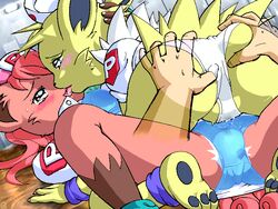 ass_grab blush bra clothes cosplay eeveelution fur furry_tail g-sun jolteon kissing multiple_tails nintendo nurse panties pokemon pokemon_(species) straight_hair tail underwear vulpix wet