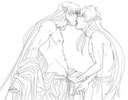 2boys animal_ears bare_chest bishonen brothers claws demon dog_ears gay incest inuyasha inuyasha_(character) kissing long_hair long_hair_male male male_only muscle pointy_ears sesshoumaru topless undressing white_hair yaoi zyephen