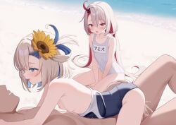 1boy 2girls adda ahoge azur_lane black_bow black_one-piece_swimsuit blonde_hair blue_eyes blue_hair bow commentary_request cowgirl_position cowgirl_position cum cum_in_pussy ejaculation flower hair_between_eyes hair_flower hair_ornament hairbow highres libeccio_(azur_lane) looking_at_another maestrale_(azur_lane) multicolored_hair multiple_girls one-piece_swimsuit red_hair school_swimsuit siblings sisters straddling straight streaked_hair sunflower sunflower_hair_ornament swimsuit two-tone_hair white_hair white_one-piece_swimsuit