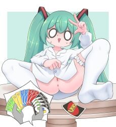 absurdres anus aqua_hair ass borrowed_clothes card colored_sclera drooling female hatsune_miku highres imminent_uno_loss_(meme) meme mesugaki mimukauwa_nice_try_(vocaloid) mouth_drool naked_shirt nekodan_(vupd3832) open_mouth pussy pussy_peek shirt thighhighs thighs twintails uncensored uno_(game) v vocaloid white_shirt white_thighhighs