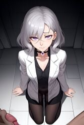 dr.moon_scp excited exhausted kneeling labcoat looking_up oral_sex pantyhose purple_eyes silver_hair submissive