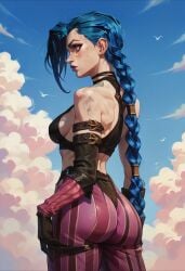 ai_generated arcane arcane_jinx ass bare_shoulders bird blue_hair blue_sky braid braided_hair braided_twintails breasts civitai cloud clouds crimsonpulse day female female from_behind gloves jinx_(league_of_legends) league_of_legends long_hair looking_at_viewer looking_back medium_breasts outdoors pants partial_nudity pink_eyes pink_pants sideboob sky solo striped striped_legwear tattoo twin_braids underwear very_long_hair