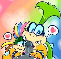 anthro blush blush_lines bodily_fluids bracelet circumcised eyewear fellatio first_person_view genitals glasses green_hair grey_penis group group_sex hair heart_symbol hi_res iggy_koopa jewelry koopa koopaling lemmy_koopa licking male male/male mario_bros multicolored_hair nintendo oral penile penis penis_lick saliva scalie sex shell sinribbons speech_bubble spiked_bracelet spiked_shell spikes spikes_(anatomy) tail threesome tongue tongue_out trio