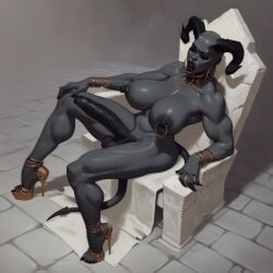 ai_generated balls demon earrings foreskin futanari high_heels muscular penis pierced_nipples throne veiny_penis