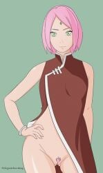 female female_pubic_hair green_eyes hand_on_own_hip looking_at_viewer non-web_source pink_hair pubic_hair pussy sakura_haruno short_hair simple_background smile solo thighs