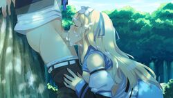 1girls against_tree alicesoft areolae ass blonde_hair blush breasts censored closed_eyes clothing cum cum_in_mouth cum_inside cum_on_hair evenicle evenicle_(series) facial fellatio female forest game_cg highres large_breasts legs long_hair male mosaic_censoring nipples no_bra open_mouth oral pants_down penetration penis riche_eden shirt shirt_lift sitting sky small_breasts standing thighs trees yaegashi_nan