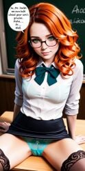 ai_generated blush bowtie classroom emerald_eyes freckles ginger glasses legs_spread panties sexy.ai sexy_female solo_female speech_bubble teacher teacher_outfit teacher_parent_confrence visible_bra_through_clothes wants_to_be_fucked