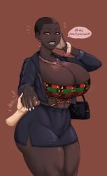 1girls 2d 2d_(artwork) abs african african_female big_ass big_breasts black_women cleavage dark-skinned_female dark_skin disembodied_hand english english_text eshe_(franktonius) female franktonius half-closed_eyes hand_holding handholding holding_hands huge_ass huge_breasts jacket looking_at_viewer miniskirt muscular_female skirt smile smiling smiling_at_viewer speech_bubble text thick_thighs