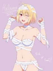 :d alternate_version_available bandage big_breasts blonde_hair blush breasts functionally_nude halloween halloween_costume huge_breasts large_breasts melty_blood mummy mummy_wrappings partially_clothed red_eyes short_hair thighs tsukihime tummy type-moon weilaizuigao703 wink winking winking_at_viewer wrappings