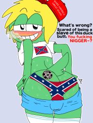 1boy american american_male anatid anseriform anthro anthrofied ass ass_focus avian big_ass bird blonde_hair blush breadwinners briefs cap confederate_flag confederate_flag_shirt confederate_flag_t-shirt confederate_flag_underwear duck duck_boy english english_text femboy furry furry_male furry_only furry_tail gay hat hi_res history humiliation humiliation_fetish insulting_viewer looking_at_viewer make_america_great_again male male_only meme nazi nazi_imagery panties pin politics presenting presenting_hindquarters rear_view removing_clothing removing_pants short_hair short_shorts shorts simple_background slur smile socks solo solo_anthro solo_male speech_bubble svenniehoek swastika swaysway sweat symbol talking_to_viewer tattoo teeth text thighhighs underwear usa_elections_2024