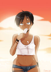 1girls belly black_hair booty_shorts bracelet brown_eyes crop_top dark-skinned_female dark_skin female ice_cream looking_at_viewer nipples nipples_visible_through_clothing pixie_cut popsicle samasan short_hair small_breasts tagme tomboy torn_clothes torn_shorts wide_hips