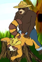 2:3 absurd_res american_black_bear anthro bear black_bear duo fluffypunk hi_res male male/male mammal procyonid raccoon ranger_rick ranger_rick_(character) smokey_bear united_states_forest_service ursine