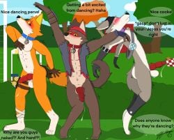 absurd_res anthro armor ass balls blush bodily_fluids body_control canid canine canis clothing collar dancing dialogue digital_media_(artwork) dire_(fortnite) embarrassed english_text epic_games erection exhibitionism feet fennix_(fortnite) forced fortnite fox fur genital_fluids genitals gloves group hair handwear headgear helmet hi_res humiliation kerchief knot leggings legwear male male/male mammal mostly_nude mythological_canine mythological_creature mythology open_mouth penis precum presenting presenting_penis public red_fox story story_in_description sweat tail text topwear trio true_fox wendell_(fortnite) werecanid werecanine werecreature werewolf wildpupper wolf