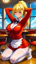 1girls ai_generated blonde_female blonde_hair blonde_ponytail blush busty_female clothed_breasts curvy_figure darkness_(konosuba) green_eyes green_eyes_female hands_behind_head hands_up high_heels horny horny_female kneeling kneeling_female kono_subarashii_sekai_ni_shukufuku_wo! large_breasts looking_at_viewer maid maid_uniform pantyhose pleasure_face restaurant ribbon ribbon_tie seductive_look sexy smiling_at_viewer solo voluptuous voluptuous_female white_pantyhose wood wooden_floor