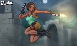 1girls 2025 2d 2d_(artwork) athletic athletic_female brown_hair brown_hair cleavage clothed clothing cosplay dark-skinned_female dark_skin digital_drawing_(artwork) digital_media_(artwork) female female_focus female_only joakadraws lara_croft_(cosplay) outfit pose posing rhonda_(summertime_saga) summertime_saga tank_top thick_thighs watermark