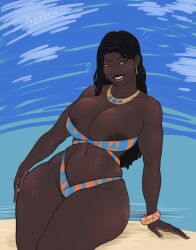 1girls 2d 2d_(artwork) abs african african_female big_ass big_breasts bikini bikini_bottom bikini_top black_women dark-skinned_female dark_skin eshe_(franktonius) female franktonius half-closed_eyes holding_hands huge_ass huge_breasts looking_at_viewer muscular_female skirt smile smiling thick_thighs