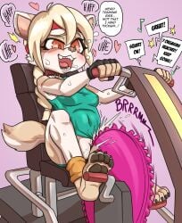 accessory anthro blush bodily_fluids bottomless bottomless_anthro bottomless_female canid canine canis clitoral_hood clothed clothing daigaijin dialogue digital_media_(artwork) domestic_dog ejaculation english_text exercise exercise_equipment feet female fingerless_gloves fingers fur genital_fluids genitals gloves hair handwear headband hi_res holding_object looking_pleasured mammal masturbation nude open_mouth orgasm orgasm_face overstimulation pawpads simple_background sitting smile solo speech_bubble tail teeth text toes tongue topwear vaginal_fluids vaginal_masturbation vaginal_penetration vaginal_squirting vulva
