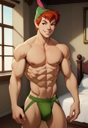 abs ai_generated biceps blush brown_eyes disney gay green_hat jockstrap jockstrap_only looking_at_viewer male male_only muscular muscular_male nipples nude_male pecs peter_pan_(character) peter_pan_(disney) red_hair smile toned_body toned_male twall97