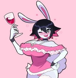 big_breasts black_hair bloodycherrylip blush bracelets bunny bunny_girl bust_portrait busty_female choker ddloveblood drunk drunk_bubble drunk_female dvampiresmile felix_(dvampiresmile) female female_focus female_only hare hare_humanoid hi_res hourglass_figure legwear panties panty_peek pink_hair short_hair tank_top thick_thighs thigh_highs thighhighs topwear two_tone_hair voluptuous voluptuous_female white_body white_pupils white_skin wide_hips wine wine_glass