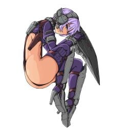 armor armored_boots ass ass_focus boots breasts bubble_butt crop_top doekuramori eyebrows female female_focus fetal_position full_body gloves greaves headgear helmet high_heel_boots high_heels holding holding_helmet holster looking_at_viewer martyr_(the_citadel) matching_hair/eyes official_art open_mouth pouch purple_eyes purple_gloves purple_hair purple_shirt purple_thighhighs shirt small_breasts smile solo solo_focus teeth the_citadel the_martyr thigh_pouch thighhighs thighhighs_under_boots tomboy transparent_background unworn_headwear unworn_helmet