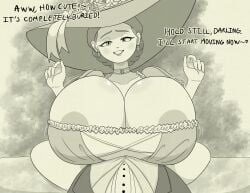 areolae areolae_peeking benerusian big_breasts big_hat boobjob bottomless bottomless_male breast_grab clothed clothed_sex dialogue dress earrings fancy_clothing fancy_hat handsfree_paizuri hat huge_breasts hyper_breasts monochrome movement_lines noxshade paizuri penis_lost_in_breasts pov pov_eye_contact text titjob