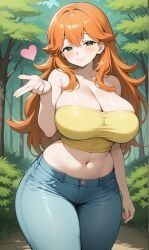 ai_generated bangs bare_arms bare_shoulders blue_pants blue_sky blush breasts building camisole clavicle cleavage closed_mouth clothing cloud crop_top curvaceous day denim denim_shorts female female_only green_eyes hair_between_eyes huge_breasts indoors jeans kasumi_(pokemon) large_breasts long_hair looking_at_viewer midriff navel orange_hair outdoors pants plant pokemon pokemon_character road shirt short_shorts shorts sky sleeveless smile solo spaghetti_strap standing stomach street tank_top thick_thighs thighs wide_hips yellow_shirt