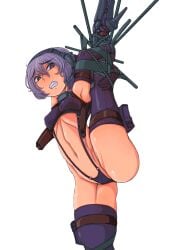 armpits ass bellybutton blush bound bound_ankles bound_arms bound_legs crop_top detached_sleeves doekuramori female gloves hair_between_eyes headgear high_heels holster martyr_(the_citadel) matching_hair/eyes medium_breasts navel official_art one_leg_raised open_mouth pouch purple_eyes purple_hair restrained short_hair simple_background split standing_on_one_leg suspenders teeth the_citadel the_martyr thigh_pouch thigh_strap thighhighs thighs white_background