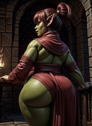 1girl 1girls ai_generated ass ass_focus ass_in_dress back back_view bangs big_ass big_ears blue_eyes bottom_heavy chubby chubby_female commando dnd dress dungeon dungeons_and_dragons exposed_ass facing_away facing_away_from_viewer fantasy fat fat_ass female female_focus female_only fire from_behind goblin goblin_female green_body green_skin hair_bun hands_on_table hips huge_ass huge_hips huge_thighs indoors inside long_ears looking_to_the_side mage magnumdawn medieval mythological_creature no_panties oc original_character overweight overweight_female pointy_ears rear_view red_clothing red_dress red_hair red_lips red_lipstick red_robe red_skirt robe robe_only shawl shortstack skimpy skimpy_clothes skirt solo solo_female sorceress stable_diffusion thick_thighs thighs thunder_thighs wide_hips