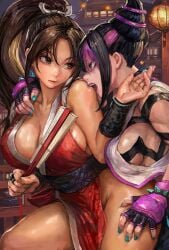 2girls big_breasts biting biting_shoulder black_hair breasts brown_hair capcom catfight cleavage fan fatal_fury female female_only fighter japanese_clothes japanese_fan juri_han king_of_fighters kunoichi kunoichi_dress mai_shiranui michemashu nail_polish ponytail seductive sideboob snk street_fighter street_fighter_6 thick_thighs yuri