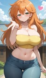 ai_generated bangs bare_arms bare_shoulders blue_pants blue_sky blush breasts building camisole clavicle cleavage closed_mouth clothing cloud crop_top curvaceous day denim denim_shorts female female_only green_eyes hair_between_eyes huge_breasts indoors jeans kasumi_(pokemon) large_breasts long_hair looking_at_viewer midriff navel orange_hair outdoors pants plant pokemon pokemon_character road shirt short_shorts shorts sky sleeveless smile solo spaghetti_strap standing stomach street tank_top thick_thighs thighs wide_hips yellow_shirt