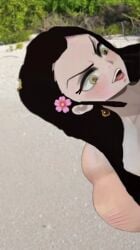 ass beach black_hair bubble_butt daki_(kimetsu_no_yaiba) flower_in_hair nude nude_female teasing_viewer