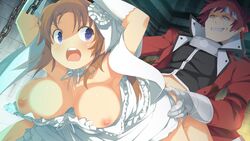 1boy alicesoft areolae armpits arms_up bent_over blue_eyes blush bouncing_breasts breasts breasts_out bride brown_hair chains clenched_teeth evenicle evenicle_(series) female game_cg highres jacket large_breasts long_hair looking_back nipples open_mouth rape sex slave vaginal_penetration wedding_dress yaegashi_nan