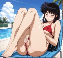 ass black_hair blush breasts exhibitionism feet inuyasha kikyo_(inuyasha) kuudere long_hair masturbation pussy red_eyes swimsuit