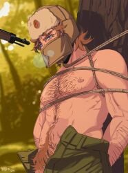 1boy abs bara biceps captured golden_kamuy gun_to_head hattercharles male male_nipples male_only manly muscular_male nipples pecs restrained solo unzipped_pants vasily_(golden_kamuy)