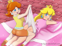 2girls ass bed blonde_hair blue_eyes blush breasts brown_hair clothed crown dat_ass earrings female female_only hotgum human mario_(series) mario_tennis multiple_females naughty nintendo on_stomach panties panty_lift panty_pull princess_daisy princess_peach smile wedgie white_panties yuri