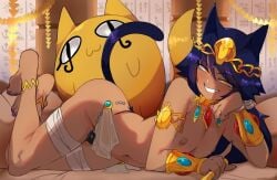 barefoot bast_(lightsource) blue_hair egyptian egyptian_mythology femboy jewelry lightsource loincloth murasaki_(lightsource) on_side tan_body tan_skin yellow_eyes