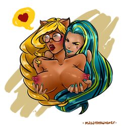 blonde_hair blue_hair blue_lips blush breast_grab breasts canine clawdia_wolf closed_eyes eyewear female glasses hair heart lips madammoanster mammal monster_high nefera_de_nile two_tone_hair were werewolf yuri