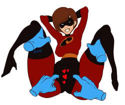 arms_up bodysuit boots brown_hair disembodied_hand disney elastigirl female gloves hands_behind_head helen_parr high_heels mask meenat pixar short_hair sitting smooth_skin spread_pussy spread_pussy_under_clothes the_incredibles thigh_boots