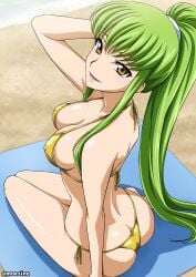 1girls absurdres ass beach beach_towel bikini breasts c.c. code_geass from_behind gold_bikini green_hair highres long_hair looking_at_viewer looking_back medium_breasts moeshino ponytail solo swimsuit towel yellow_eyes