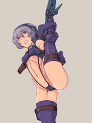 armpits ass bellybutton blush crop_top detached_sleeves doekuramori female gloves hair_between_eyes headgear high_heels holster martyr_(the_citadel) matching_hair/eyes medium_breasts navel official_art one_leg_raised open_mouth pouch purple_eyes purple_hair restrained short_hair simple_background split standing_on_one_leg suspenders teeth the_citadel the_martyr thigh_pouch thigh_strap thighhighs thighs white_background