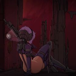 ass assault_rifle city cityscape crop_top crotch_strap doekuramori female female_focus from_behind full_body greaves headgear high_heel_boots high_heels holding_gun holding_weapon martyr_(the_citadel) official_art purple_gloves purple_hair purple_shirt purple_thighhighs red_sky sitting sole_female solo the_citadel the_martyr thigh_pouch thigh_strap thighhighs