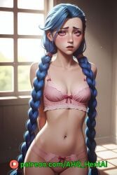 ahq_hentai ai_generated arcane arcane_jinx blue_hair blush breasts jinx_(league_of_legends) league_of_legends pink_bra pink_eyes pink_panties shy stable_diffusion standing underwear