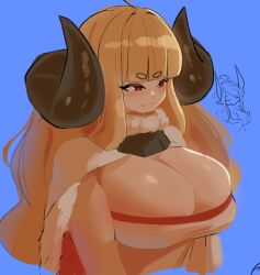 1girls ahoge anila_(granblue_fantasy) blonde_hair blue_background blunt_bangs blush breasts brown_eyes cape capelet cleavage draph_race_(granblue_fantasy) eyebrows_visible_through_hair female female_only granblue_fantasy horns huge_breasts light-skinned_female light_skin long_hair sheep_horns shiny_skin smile solo solo_focus suwacrab