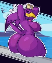 anthro ass avian beak big_breasts big_butt bird blush breasts eyeshadow eyewear eyewear_on_head female hirundinid huge_butt jewelry kerchief looking_back makeup mammal mountain necklace nipples nude nude_female oscine passerine purple_body purple_nipples raised_arms sea sega sitting smile solo sonic_(series) sonic_riders sonic_the_hedgehog_(series) sunglasses sunglasses_on_head swallow_(bird) tail turismoturbo water wave_the_swallow